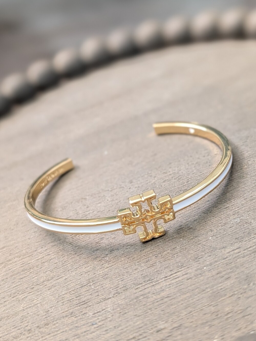 TORY BURCH White Logo Enamel Open Cuff Bangle